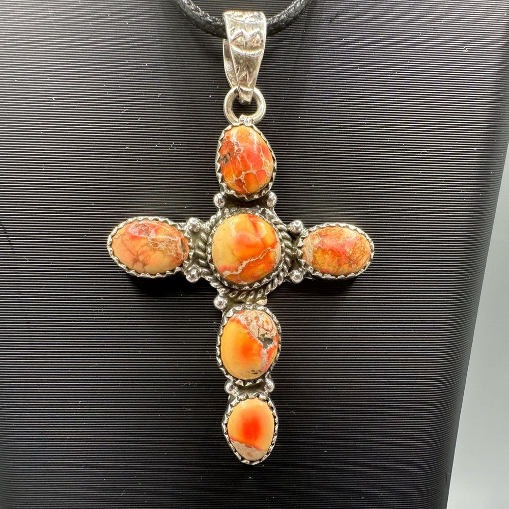 Orange Sea Sediment Jasper Sterling Silver 925 Cross Necklace Pendant Handmade